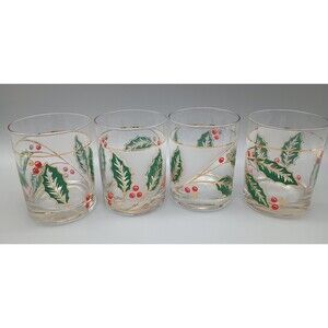 4 Vintage 12 oz Culver Christmas Holiday Holly Leaves & Berries Glasses